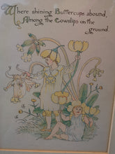 Load image into Gallery viewer, Antique Walter Crane Buttercups and Cowslips Lithograph Print Illustration Hand Tinted Framed