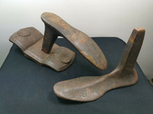 Load image into Gallery viewer, Antique Cobblers Shoe Last Lasts Cast Iron Metal Set of 2 Sizes and Stand Cobbler Shoe Making Tools