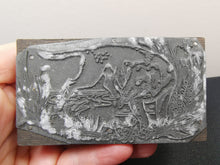 Load image into Gallery viewer, Antique Letterpress Printers Block Stamp of Dog and Bird in Grassland Near Pond Image Wood and Metal Type Printing Plate