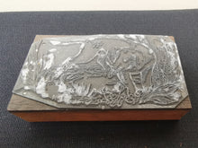 Load image into Gallery viewer, Antique Letterpress Printers Block Stamp of Dog and Bird in Grassland Near Pond Image Wood and Metal Type Printing Plate