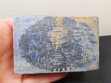 Load image into Gallery viewer, Vintage Drawing and Carving on Wood Block Hand Made Original Art 1930's Miniature Image of a Woodland Path and Cottage House
