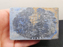 Load image into Gallery viewer, Vintage Drawing and Carving on Wood Block Hand Made Original Art 1930's Miniature Image of a Woodland Path and Cottage House