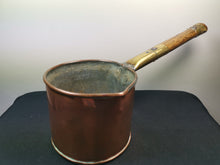 Load image into Gallery viewer, Antique Copper Sauce Pan Cooking Pot with Wood and Brass Handle Victorian 1800's Primitive Saucepan