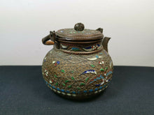 Load image into Gallery viewer, Antique Teapot Cloisonne Enamel Filigree Brass Copper Metal with Wicker Handle Chinese with Wicker Handle