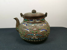 Load image into Gallery viewer, Antique Teapot Cloisonne Enamel Filigree Brass Copper Metal with Wicker Handle Chinese with Wicker Handle