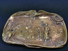 Load image into Gallery viewer, Antique Pin or Jewelry Dish Tray with Nautical Relief Bronze Metal Victorian 1800's Original Fisherman Fishwife and Boat on the Ocean