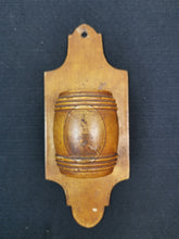 Load image into Gallery viewer, Antique Mauchlineware Match Holder and Striker Treen Wood Barrel Wooden Wall Hanging London England Mauchline Ware