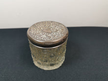 Load image into Gallery viewer, Antique Clear Cut Glass Jar with Silver Relief Top Lid Vanity Victorian Late 1800's Original