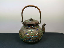 Load image into Gallery viewer, Antique Teapot Cloisonne Enamel Filigree Brass Copper Metal with Wicker Handle Chinese with Wicker Handle