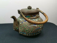 Load image into Gallery viewer, Antique Teapot Cloisonne Enamel Filigree Brass Copper Metal with Wicker Handle Chinese with Wicker Handle