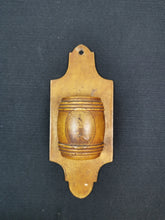 Load image into Gallery viewer, Antique Mauchlineware Match Holder and Striker Treen Wood Barrel Wooden Wall Hanging London England Mauchline Ware