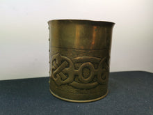 Load image into Gallery viewer, Antique Vase Planter Plant Pot Jar Celtic Knot Arts and Crafts Art Nouveau Trench Art Tooled Hammered Brass Metal Hand Made