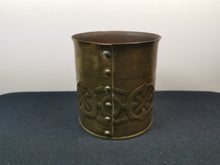 Load image into Gallery viewer, Antique Vase Planter Plant Pot Jar Celtic Knot Arts and Crafts Art Nouveau Trench Art Tooled Hammered Brass Metal Hand Made