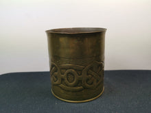 Load image into Gallery viewer, Antique Vase Planter Plant Pot Jar Celtic Knot Arts and Crafts Art Nouveau Trench Art Tooled Hammered Brass Metal Hand Made