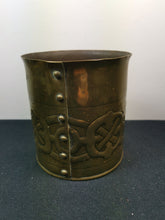 Load image into Gallery viewer, Antique Vase Planter Plant Pot Jar Celtic Knot Arts and Crafts Art Nouveau Trench Art Tooled Hammered Brass Metal Hand Made