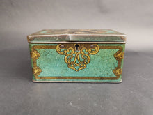 Load image into Gallery viewer, Antique Tin Money Box Savings Bank Advertising Lyon's Tea with British Coins on Top Green Black Gold 1901 Edwardian Original Rare