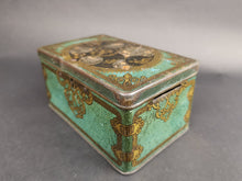 Load image into Gallery viewer, Antique Tin Money Box Savings Bank Advertising Lyon's Tea with British Coins on Top Green Black Gold 1901 Edwardian Original Rare