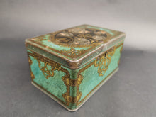 Load image into Gallery viewer, Antique Tin Money Box Savings Bank Advertising Lyon's Tea with British Coins on Top Green Black Gold 1901 Edwardian Original Rare
