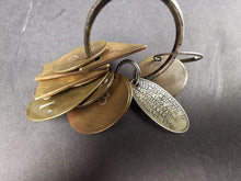 Load image into Gallery viewer, Antique Brass and Silver Numbered Key Tags from Glasgow Scotland Police Station Property Recovery Set of 11 Different Shapes and Sizes