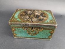 Load image into Gallery viewer, Antique Tin Money Box Savings Bank Advertising Lyon's Tea with British Coins on Top Green Black Gold 1901 Edwardian Original Rare