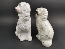 Load image into Gallery viewer, Antique Wally Dogs Figurines Statues Set of 2 King Charles Spaniel Staffordshire Ceramic Pottery White Victorian 1800's Original