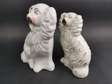 Load image into Gallery viewer, Antique Wally Dogs Figurines Statues Set of 2 King Charles Spaniel Staffordshire Ceramic Pottery White Victorian 1800's Original