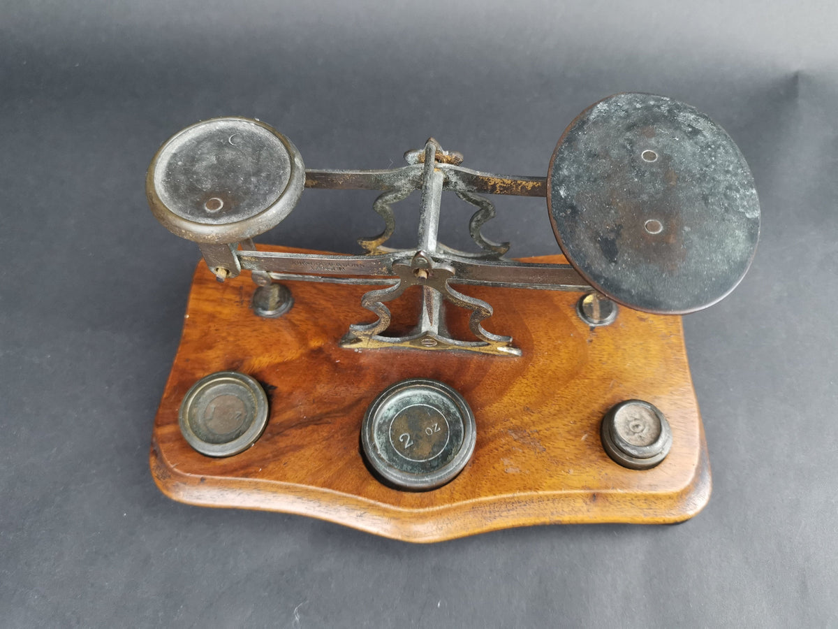 Antique Postal Scales, Letter Scales, Inland Letters, Scales With Weights,  8 Ounce Weight, Wood and Brass, Industrial Look, Desk Feature 