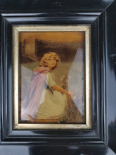 Load image into Gallery viewer, Antique Crystoleum Reverse Painting on Glass Victorian Late 1800's Original Art in Black Wood Frame Girl Picking Flowers Portrait