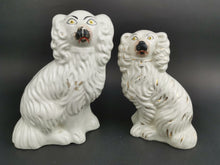 Load image into Gallery viewer, Antique Wally Dogs Figurines Statues Set of 2 King Charles Spaniel Staffordshire Ceramic Pottery White Victorian 1800's Original