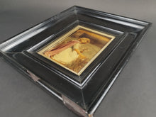 Load image into Gallery viewer, Antique Crystoleum Reverse Painting on Glass Victorian Late 1800's Original Art in Black Wood Frame Girl Picking Flowers Portrait