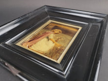 Load image into Gallery viewer, Antique Crystoleum Reverse Painting on Glass Victorian Late 1800's Original Art in Black Wood Frame Girl Picking Flowers Portrait