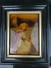 Load image into Gallery viewer, Antique Crystoleum Reverse Painting on Glass Victorian Late 1800's Original Art in Black Wood Frame Girl Picking Flowers Portrait