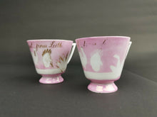 Load image into Gallery viewer, Antique Tea Cups Set of 2 Pink and White Ceramic Porcelain Teacups Souvenir from Leith Edinburgh Scotland Victorian 1800's
