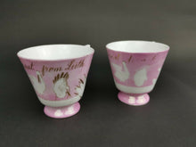 Load image into Gallery viewer, Antique Tea Cups Set of 2 Pink and White Ceramic Porcelain Teacups Souvenir from Leith Edinburgh Scotland Victorian 1800's