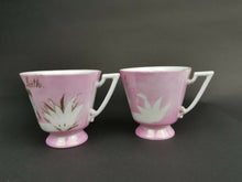 Load image into Gallery viewer, Antique Tea Cups Set of 2 Pink and White Ceramic Porcelain Teacups Souvenir from Leith Edinburgh Scotland Victorian 1800's