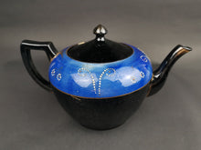 Load image into Gallery viewer, Antique Teapot Tea Pot Ceramic Pottery Blue and Black with Hand Painted Designs Victorian 1800's Redware Original