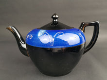 Load image into Gallery viewer, Antique Teapot Tea Pot Ceramic Pottery Blue and Black with Hand Painted Designs Victorian 1800's Redware Original