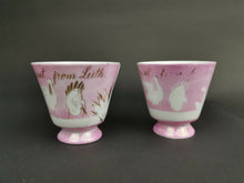 Load image into Gallery viewer, Antique Tea Cups Set of 2 Pink and White Ceramic Porcelain Teacups Souvenir from Leith Edinburgh Scotland Victorian 1800's