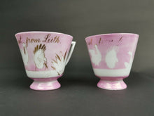 Load image into Gallery viewer, Antique Tea Cups Set of 2 Pink and White Ceramic Porcelain Teacups Souvenir from Leith Edinburgh Scotland Victorian 1800's