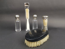 Load image into Gallery viewer, Antique Traveling Travel Bottles Toiletry Set Glass and Silver Metal with Moustache and Shaving Brush Inside Victorian Edwardian 1800 - 1900