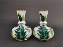 Load image into Gallery viewer, Antique Posy Flower Vases Set Pair of 2 White Milk Glass with Hand Painted Flowers and Gold Paint Late 1800's Original Victorian