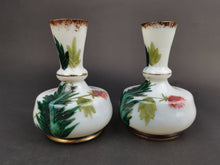 Load image into Gallery viewer, Antique Posy Flower Vases Set Pair of 2 White Milk Glass with Hand Painted Flowers and Gold Paint Late 1800's Original Victorian