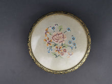 Load image into Gallery viewer, Vintage Powder Jar Vanity or Jewelry Box Clear Glass Gold Brass Lid with Hand Stitched Petit Pointe Needlepoint Flowers Art Deco 1920's