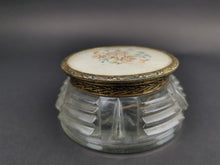 Load image into Gallery viewer, Vintage Powder Jar Vanity or Jewelry Box Clear Glass Gold Brass Lid with Hand Stitched Petit Pointe Needlepoint Flowers Art Deco 1920's