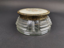 Load image into Gallery viewer, Vintage Powder Jar Vanity or Jewelry Box Clear Glass Gold Brass Lid with Hand Stitched Petit Pointe Needlepoint Flowers Art Deco 1920's
