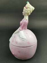 Load image into Gallery viewer, Antique Jewelry Ring or Trinket Box Ceramic Porcelain Victorian Crinoline Lady Figurine Novelty Hand Painted Bisque Late 1800's Original