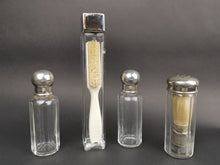 Load image into Gallery viewer, Antique Traveling Travel Bottles Toiletry Set Glass and Silver Metal with Moustache and Shaving Brush Inside Victorian Edwardian 1800 - 1900