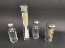 Load image into Gallery viewer, Antique Traveling Travel Bottles Toiletry Set Glass and Silver Metal with Moustache and Shaving Brush Inside Victorian Edwardian 1800 - 1900