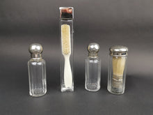 Load image into Gallery viewer, Antique Traveling Travel Bottles Toiletry Set Glass and Silver Metal with Moustache and Shaving Brush Inside Victorian Edwardian 1800 - 1900