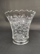 Load image into Gallery viewer, Vintage Glass Flower Vase with Bunches of Grapes Ribbons and Scalloped Edge Pressed Clear Crystal Glass 1940's - 1950's